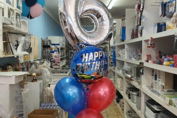 86cm #6 silver foil balloon with 1x 45cm round Happy Birthday foil balloon & 3 rows of 2 balloons (red & blue).